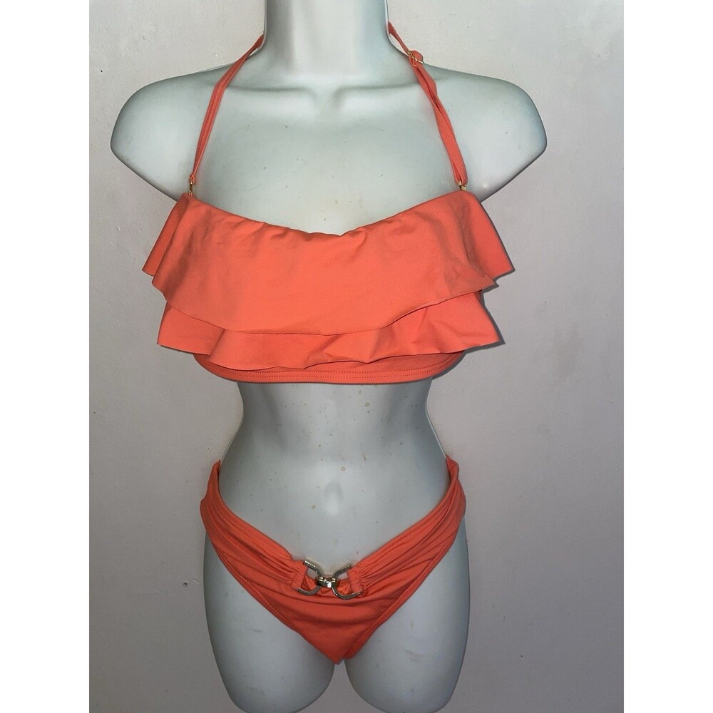 Michael Kors Bikini Set Size M Medium Neon Coral Orange Flounce Swimsuit Gold